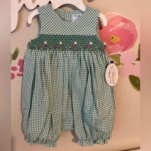 12m green bubble with smocking and flowers. NWT